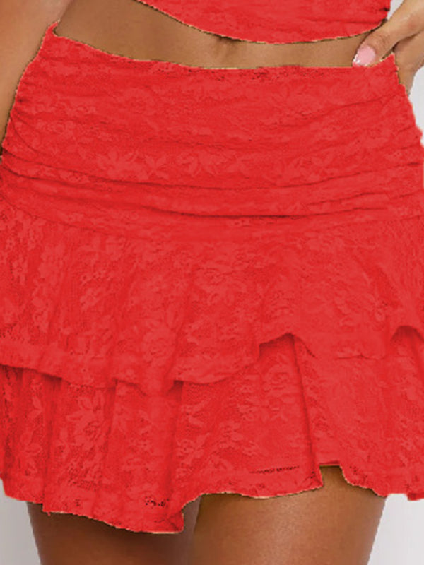 Mini Skirts- Lace Layered Ruched Mini Skirt- Red- IndioGear Women Clothing