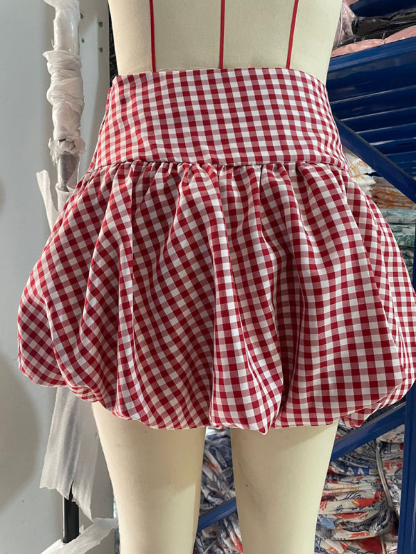 Mini Skirts- Red & White Gingham Flounce Skirt- - IndioGear Women Clothing