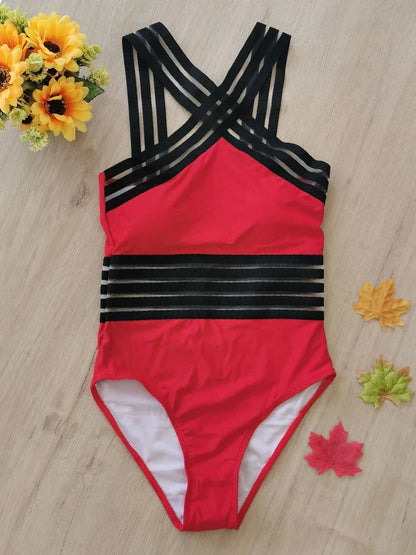 Monokini Swimwears- Criss-Cross Mesh High-Neck Monokini for Water Sports- Red- IndioGear Women Clothing