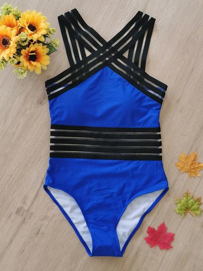 Monokini Swimwears- Criss-Cross Mesh High-Neck Monokini for Water Sports- Blue- IndioGear Women Clothing