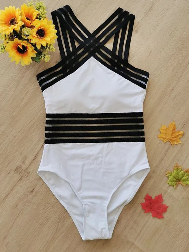 Monokini Swimwears- Criss-Cross Mesh High-Neck Monokini for Water Sports- White- IndioGear Women Clothing