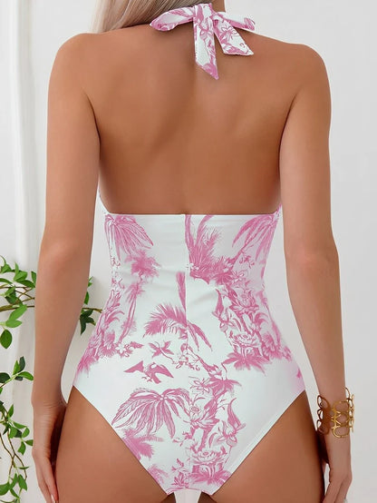 Monokini Swimwears- Palms Print Halter Monokini Magic- - IndioGear Women Clothing