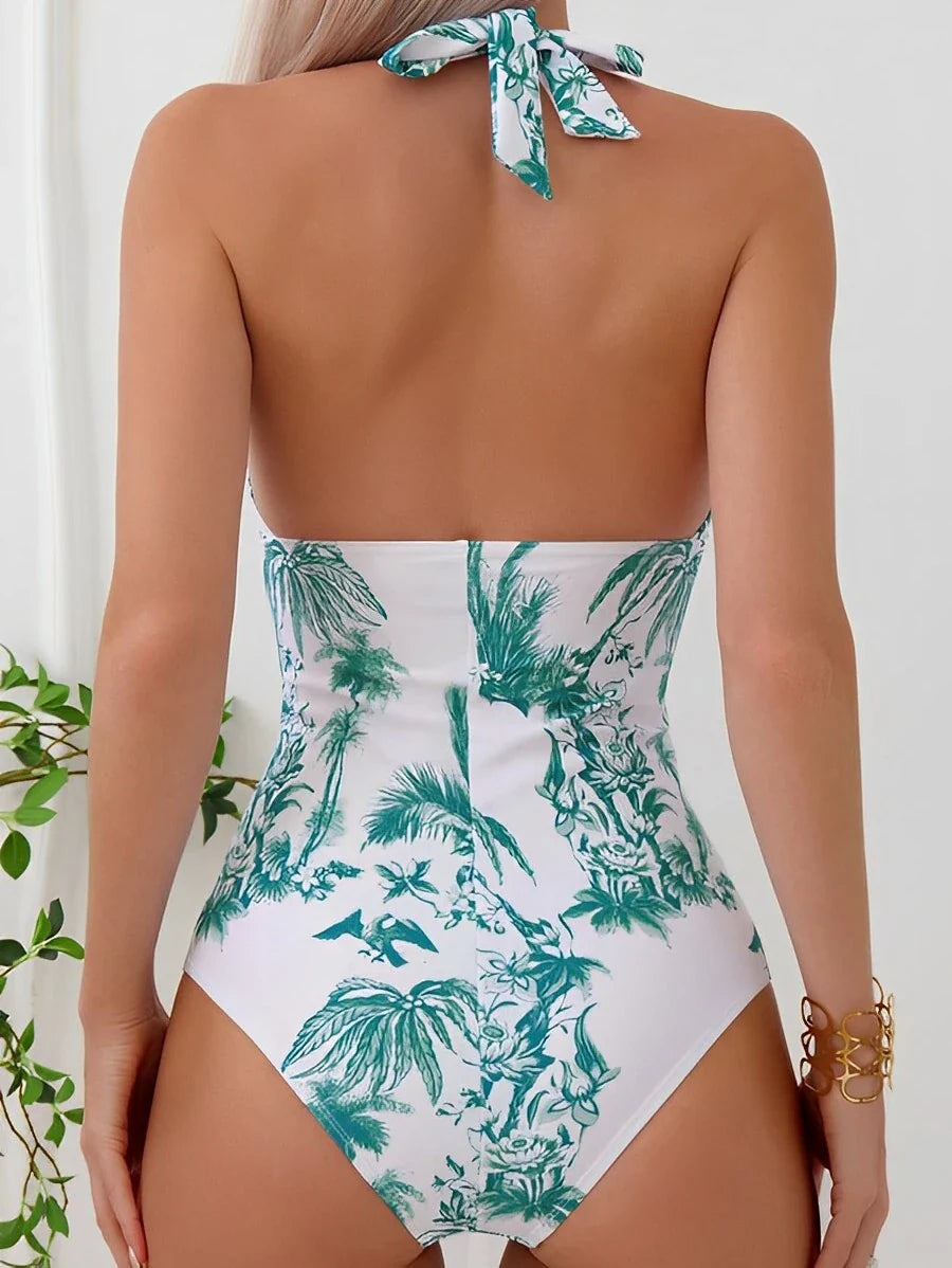 Monokini Swimwears- Palms Print Halter Monokini Magic- - IndioGear Women Clothing