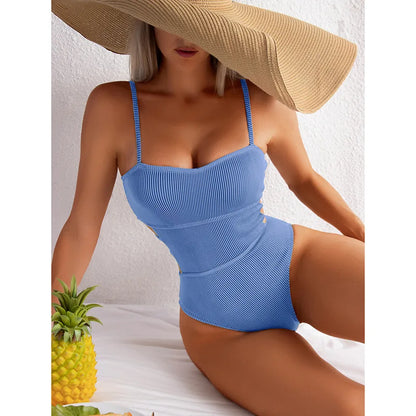 Monokini Swimwears- Trendy Ribbed Cut-Out Monokini for Beach & Pool- Blue Chamber- IndioGear Women Clothing