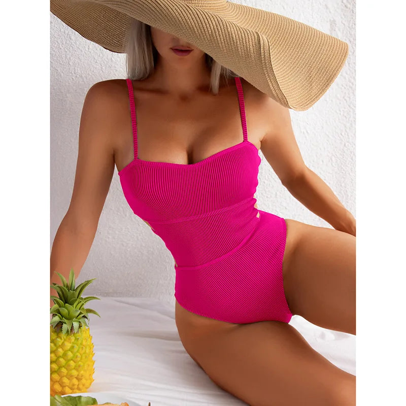 Monokini Swimwears- Trendy Ribbed Cut-Out Monokini for Beach & Pool- Pink- IndioGear Women Clothing