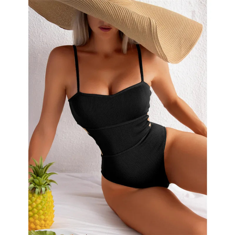 Monokini Swimwears- Trendy Ribbed Cut-Out Monokini for Beach & Pool- Black- IndioGear Women Clothing