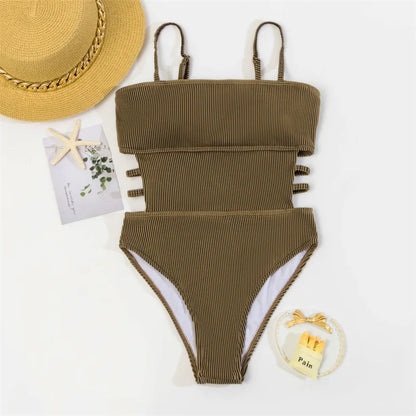 Monokini Swimwears- Trendy Ribbed Cut-Out Monokini for Beach & Pool- Wild Chocolate- IndioGear Women Clothing