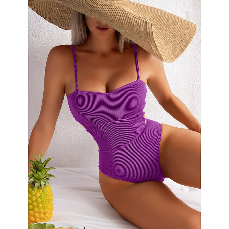 Monokini Swimwears- Trendy Ribbed Cut-Out Monokini for Beach & Pool- Purple- IndioGear Women Clothing