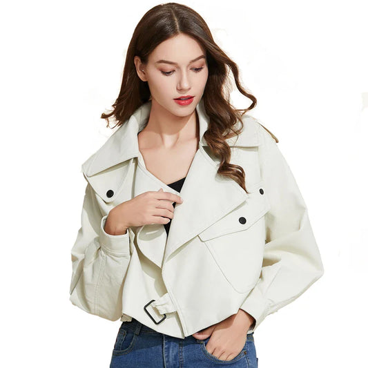 Moto Jackets- Must-Have Cropped Biker Leather Jacket for Women- Beige- IndioGear.com