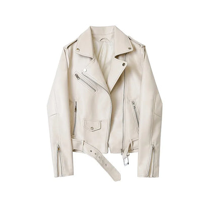 Moto Jackets- Women Faux Leather Biker Jacket- Rice white- IndioGear.com