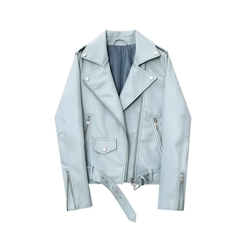 Moto Jackets- Women Faux Leather Biker Jacket- Light blue- IndioGear.com