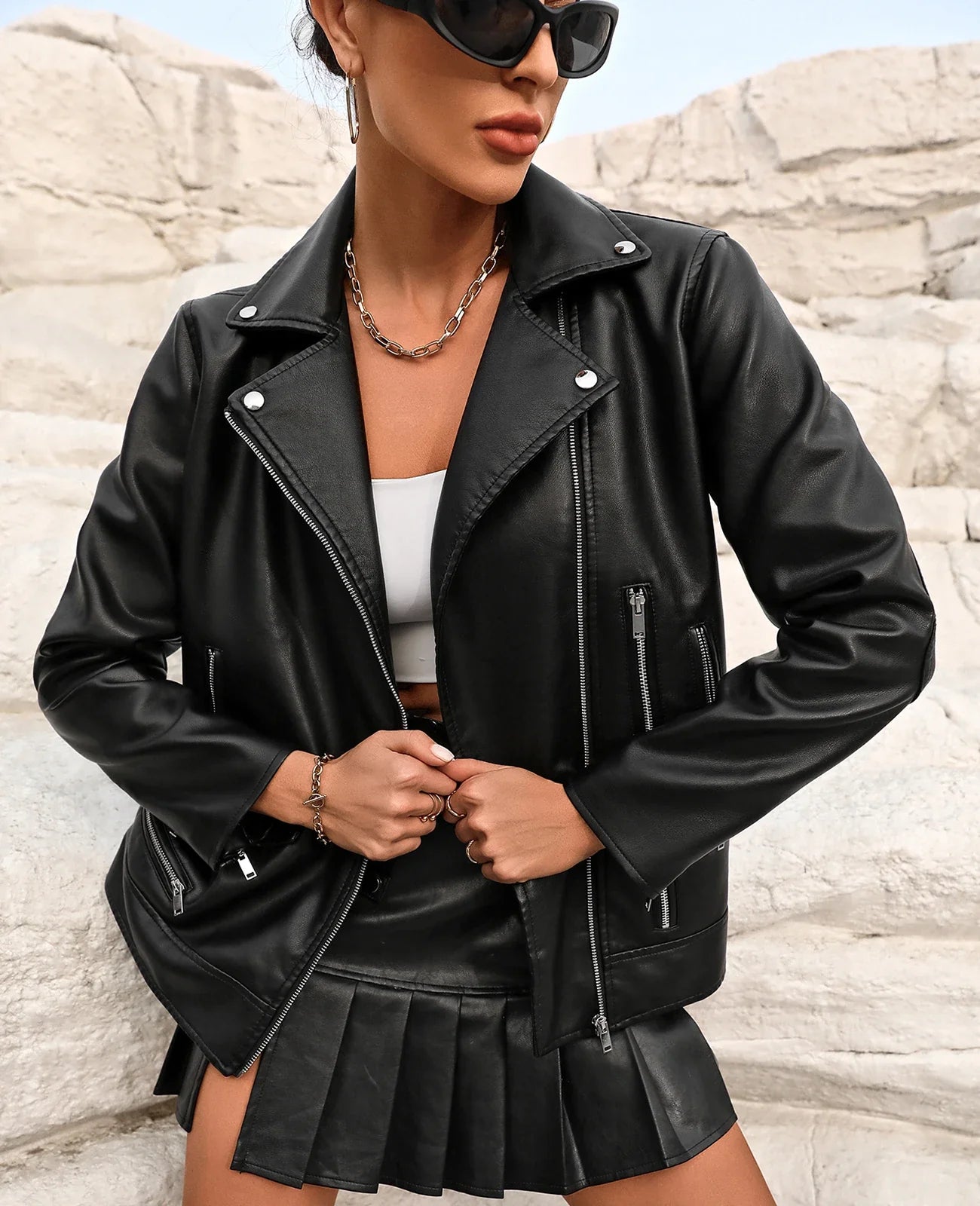 Moto Jackets- Women's Notch Lapel Faux-Leather Zip-Up Moto Jacket- - IndioGear.com