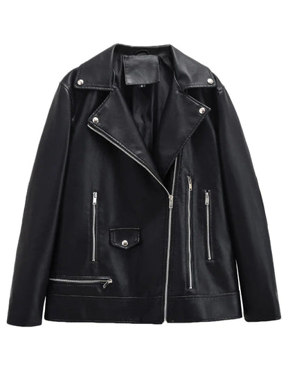 Moto Jackets- Women's Notch Lapel Faux-Leather Zip-Up Moto Jacket- Black- IndioGear.com