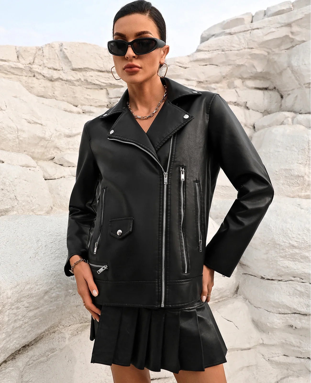 Moto Jackets- Women's Notch Lapel Faux-Leather Zip-Up Moto Jacket- - IndioGear.com