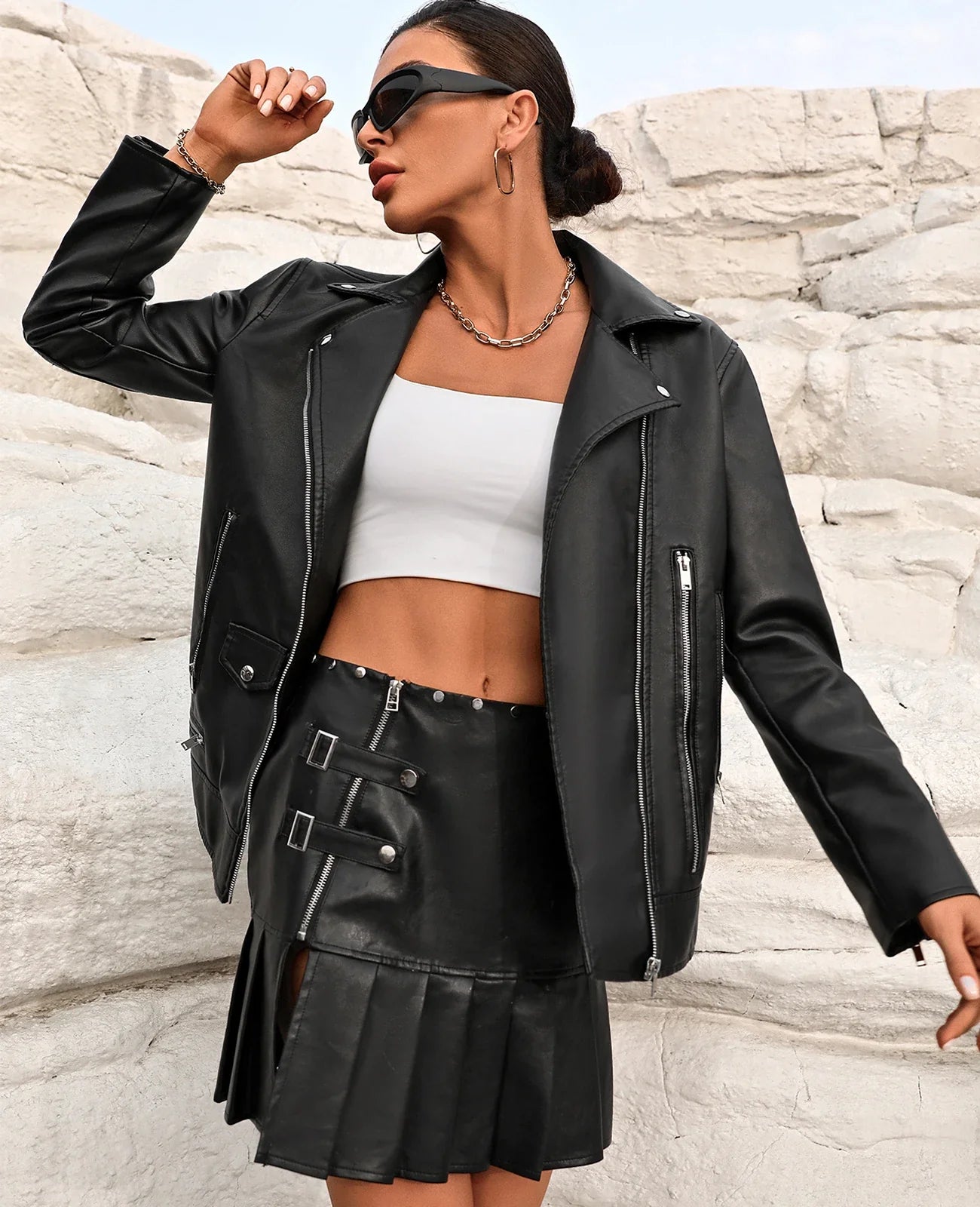 Moto Jackets- Women's Notch Lapel Faux-Leather Zip-Up Moto Jacket- - IndioGear.com