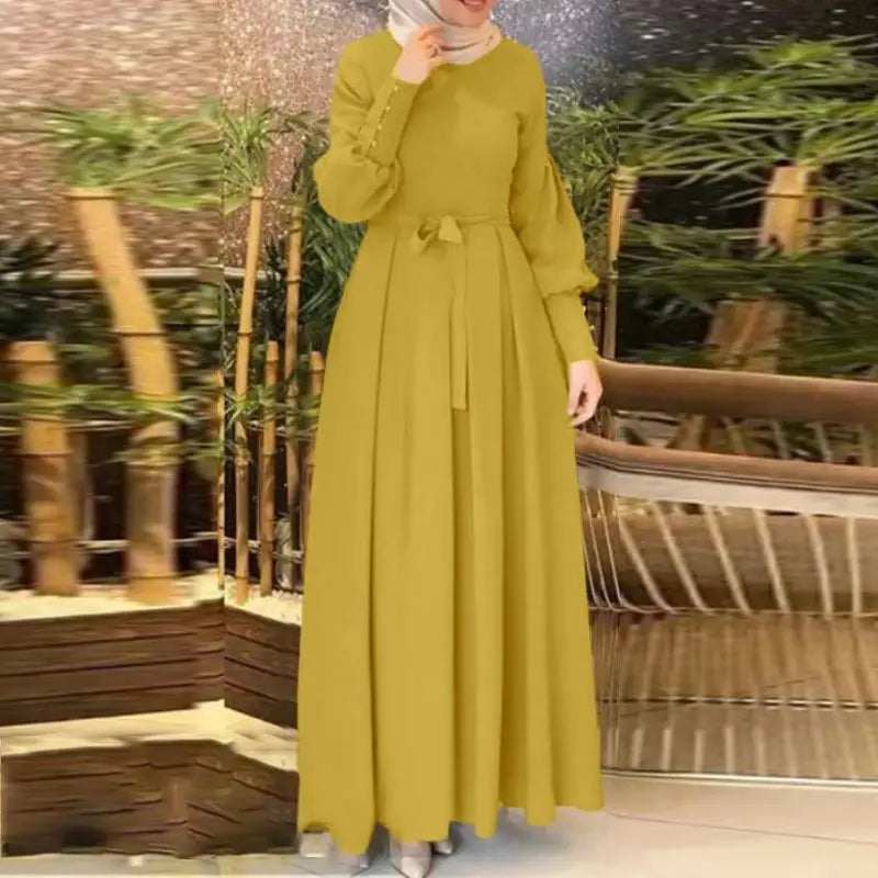 Muslin Maxi Dresses- Traditional Muslim Maxi Dress - Solid Colors- Yellow- IndioGear.com