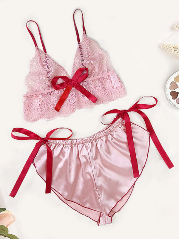 Nightwear- Satin Lingerie Set Lace Sleep Bra and Shorts- - IndioGear Women Clothing