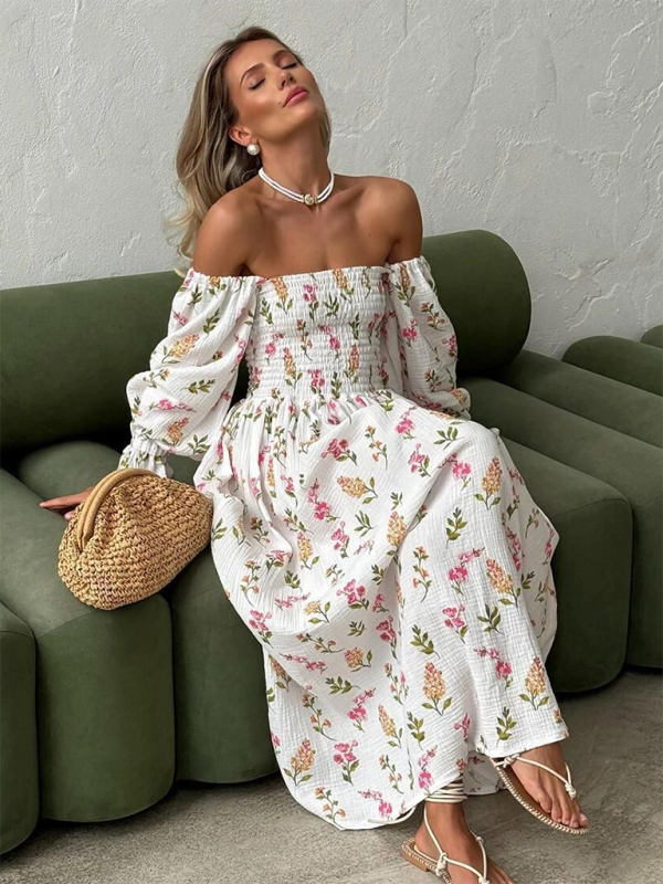 Off Shoulder Dress- Off shoulder Long sleeve Smoke Midi dress- Pink- IndioGear.com