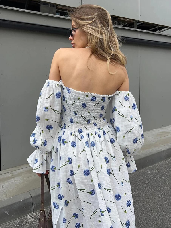 Off Shoulder Dress- Off shoulder Long sleeve Smoke Midi dress- - IndioGear.com