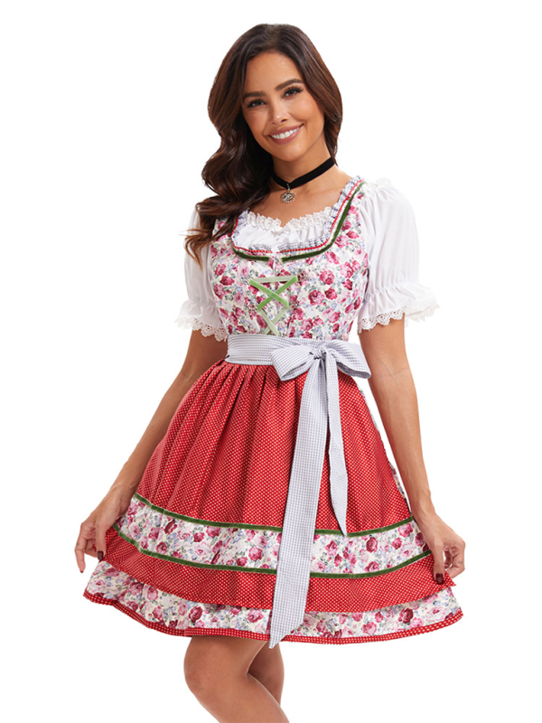 Oktoberfest Dress- Oktoberfest Floral German Beer Maid Traditional Dress- Red- IndioGear.com