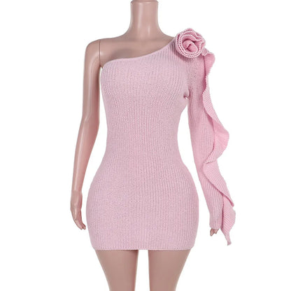 One Shoulder Dresses- One-Shoulder Knit Mini Dress with Rose Applique & Ruffled Sleeve