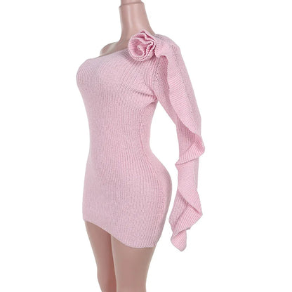 One Shoulder Dresses- One-Shoulder Knit Mini Dress with Rose Applique & Ruffled Sleeve