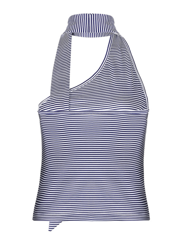 One-shoulder Tops- Striped One-Shoulder Choker Top- - IndioGear.com