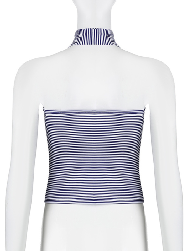 One-shoulder Tops- Striped One-Shoulder Choker Top- - IndioGear.com