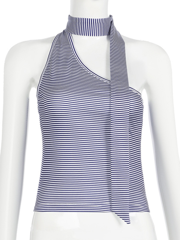 One-shoulder Tops- Striped One-Shoulder Choker Top- - IndioGear.com