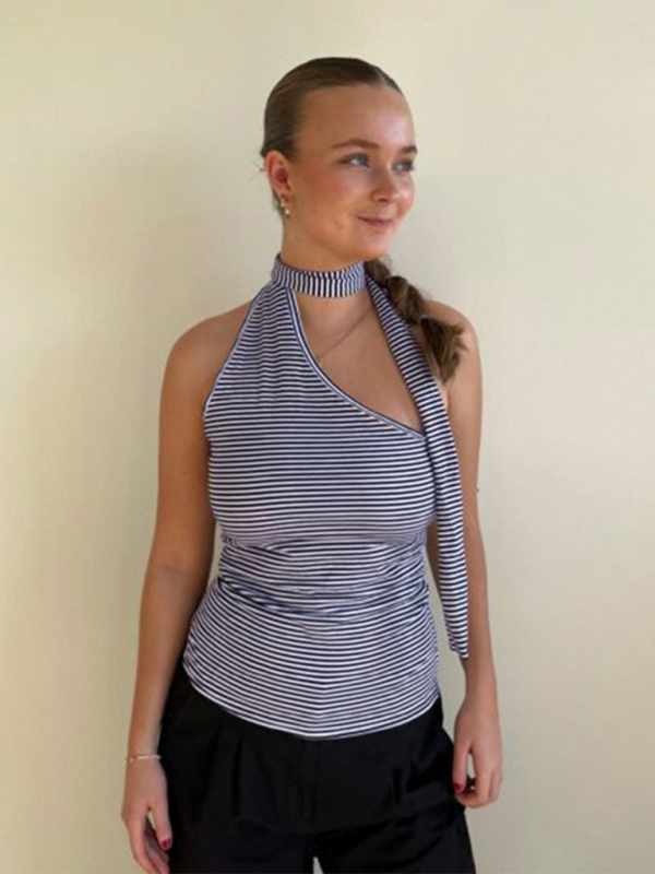 One-shoulder Tops- Striped One-Shoulder Choker Top- - IndioGear.com