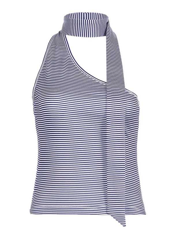 One-shoulder Tops- Striped One-Shoulder Choker Top- - IndioGear.com