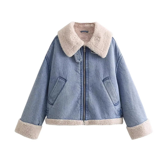 Outerwear- Women's Winter Fleece-Lined Denim Jacket- Blue- IndioGear.com