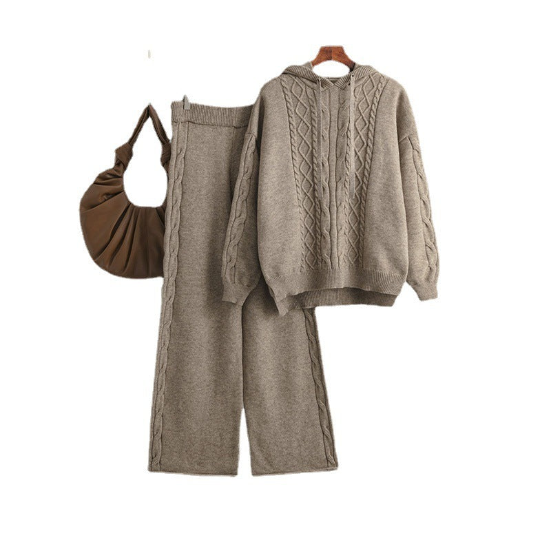 Outfit Matching Sets- Cozy Cable Knit Hooded Sweater & Pants Set – Loungewear Style- - IndioGear Women Clothing