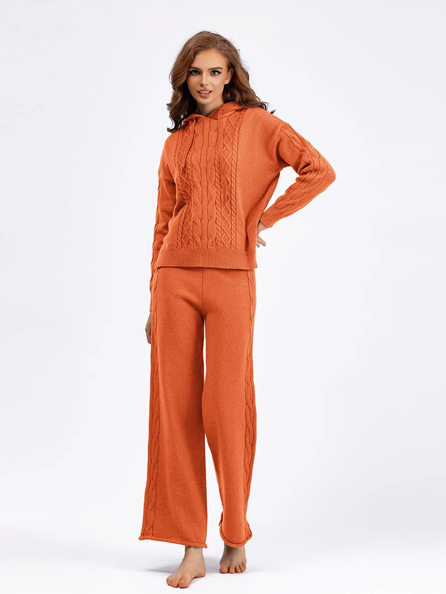 Outfit Matching Sets- Cozy Cable Knit Hooded Sweater & Pants Set – Loungewear Style- - IndioGear Women Clothing