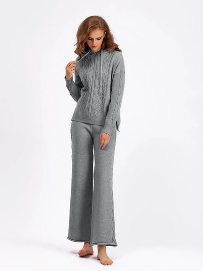 Outfit Matching Sets- Cozy Cable Knit Hooded Sweater & Pants Set – Loungewear Style- - IndioGear Women Clothing