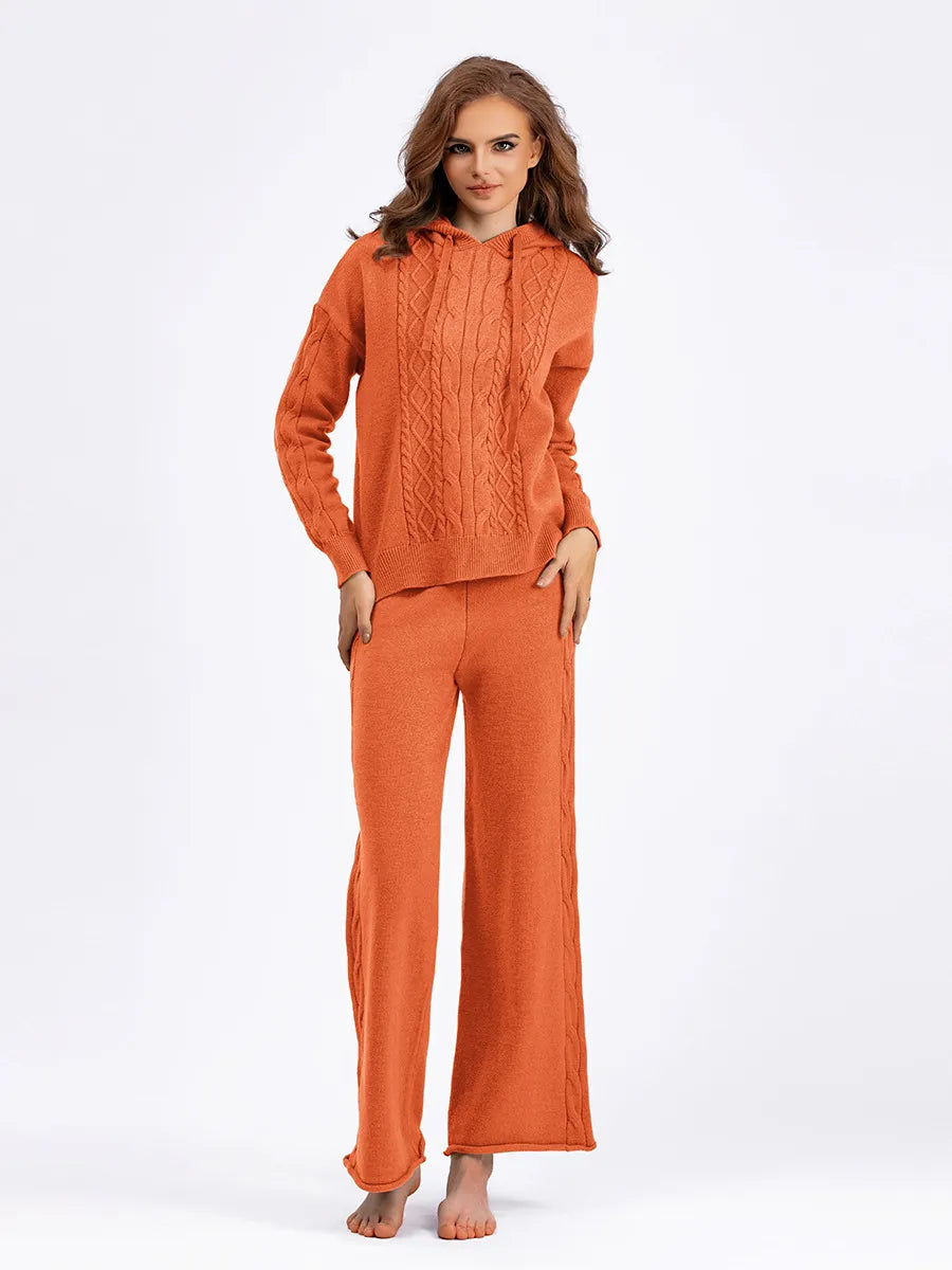 Outfit Matching Sets- Cozy Cable Knit Hooded Sweater & Pants Set – Loungewear Style- - IndioGear Women Clothing