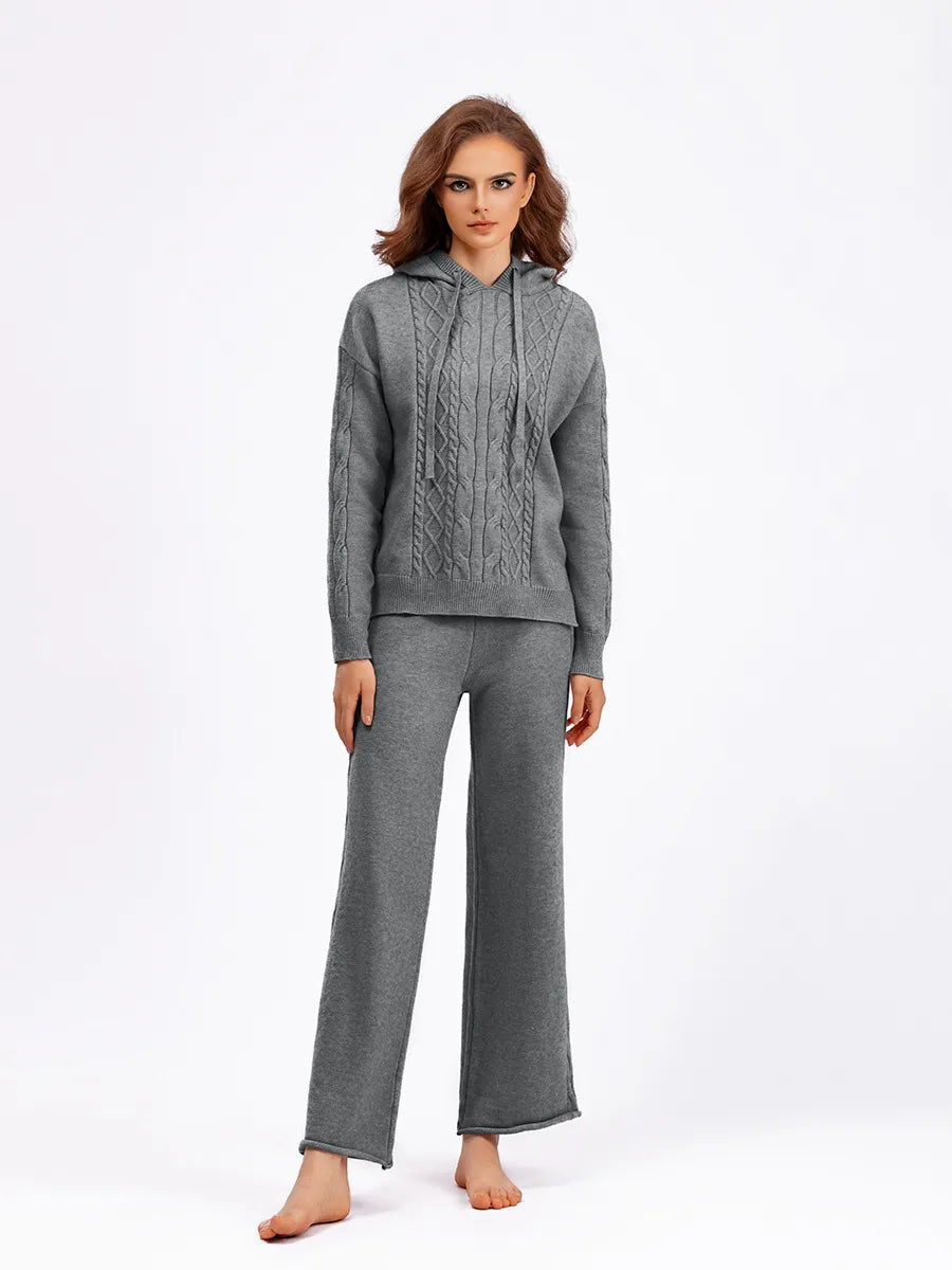 Outfit Matching Sets- Cozy Cable Knit Hooded Sweater & Pants Set – Loungewear Style- - IndioGear Women Clothing