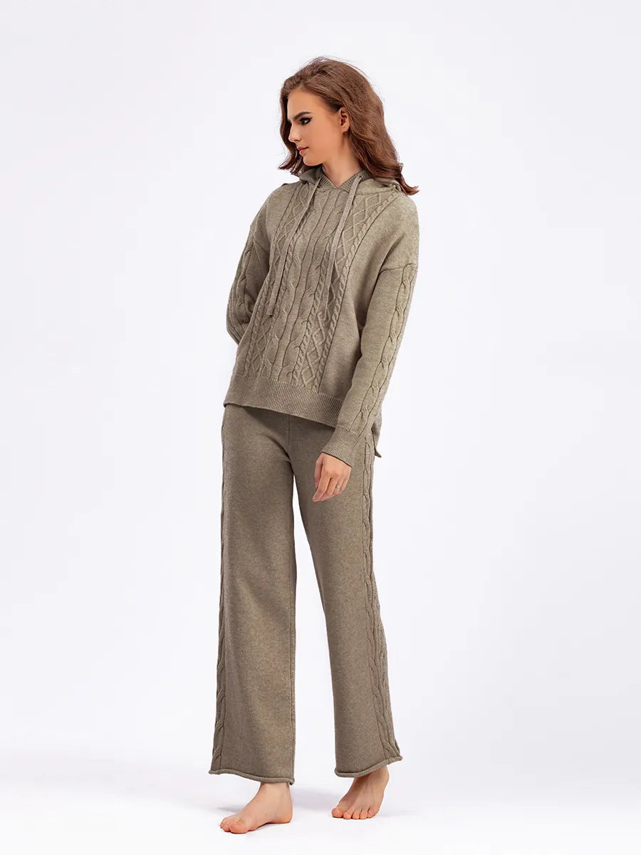 Outfit Matching Sets- Cozy Cable Knit Hooded Sweater & Pants Set – Loungewear Style- - IndioGear Women Clothing