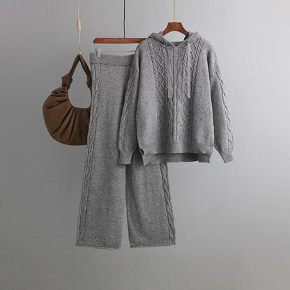 Outfit Matching Sets- Cozy Cable Knit Hooded Sweater & Pants Set – Loungewear Style- Gray- IndioGear Women Clothing