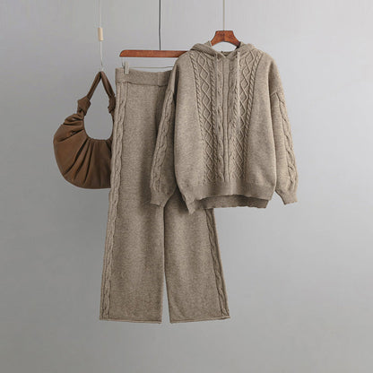 Outfit Matching Sets- Cozy Cable Knit Hooded Sweater & Pants Set – Loungewear Style- Khaki- IndioGear Women Clothing