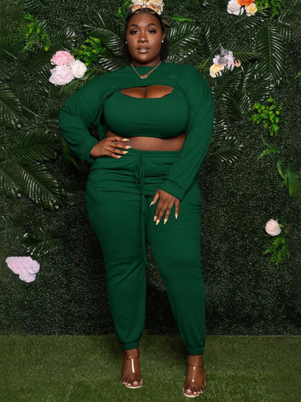 Outfit Set- All-Occasion 3 Piece Bolero & Pencil Pants & Crop Top Set- Green- IndioGear Women Clothing