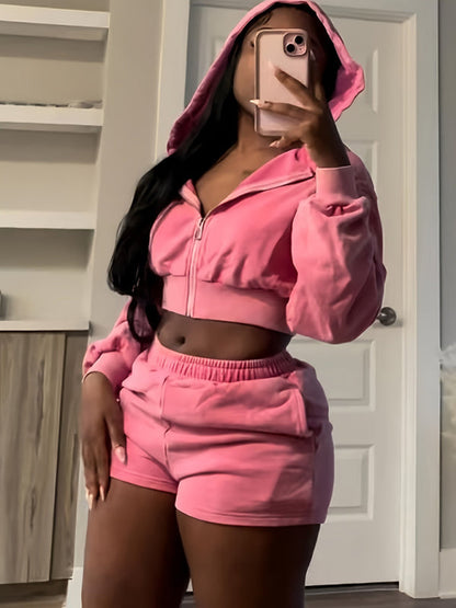 Outfit Set- Loungewear Pink Zip-Up Hoodie & Shorts- Pink- IndioGear Women Clothing