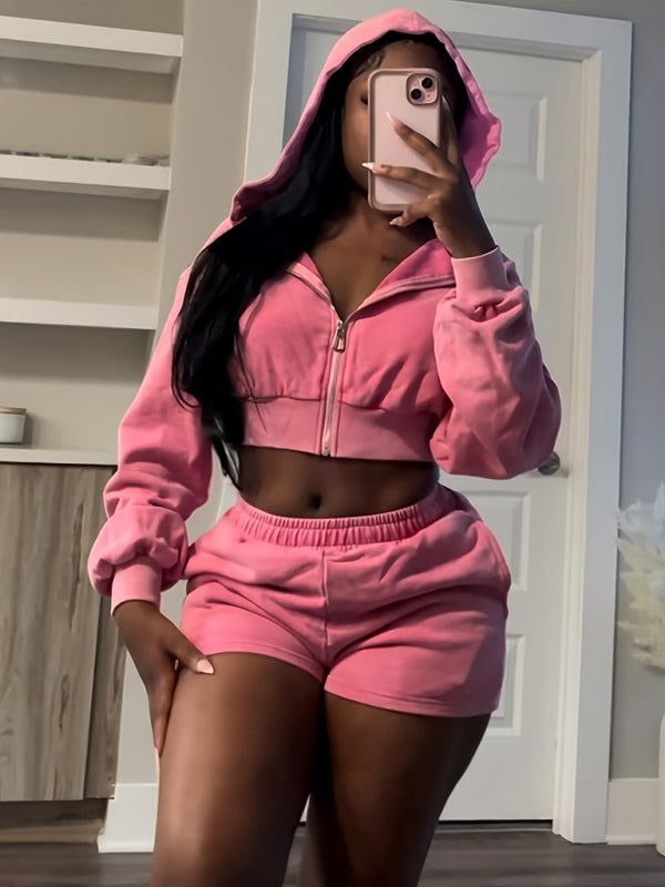 Outfit Set- Loungewear Pink Zip-Up Hoodie & Shorts- - IndioGear Women Clothing