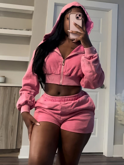 Outfit Set- Loungewear Pink Zip-Up Hoodie & Shorts- - IndioGear Women Clothing