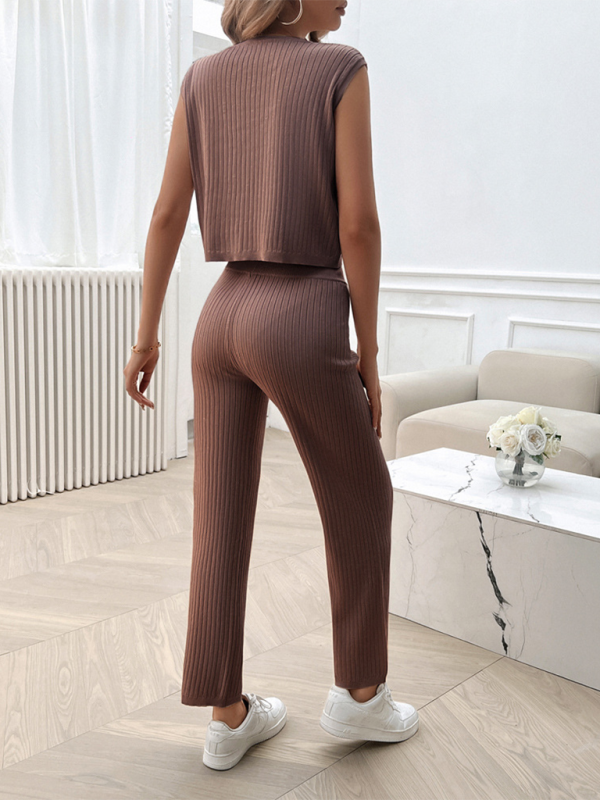 Outfit Set- Ribbed Knit Loungewear Set Ribbed Crop Top & Flared Pants- - IndioGear.com