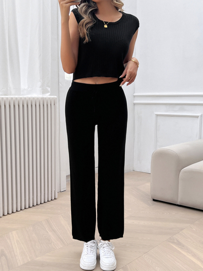 Outfit Set- Ribbed Knit Loungewear Set Ribbed Crop Top & Flared Pants- - IndioGear.com