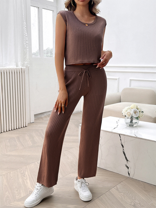 Outfit Set- Ribbed Knit Loungewear Set Ribbed Crop Top & Flared Pants- Brown- IndioGear.com