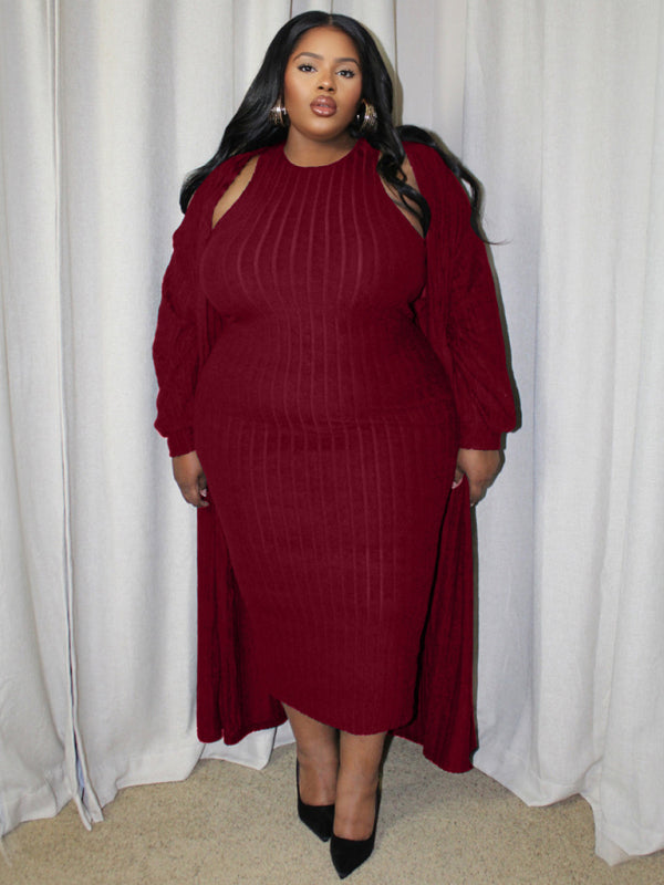 Outfit Set- Ribbed Plus Size Dress & Cardigan Set for Office to Evening- Wine Red- IndioGear Women Clothing