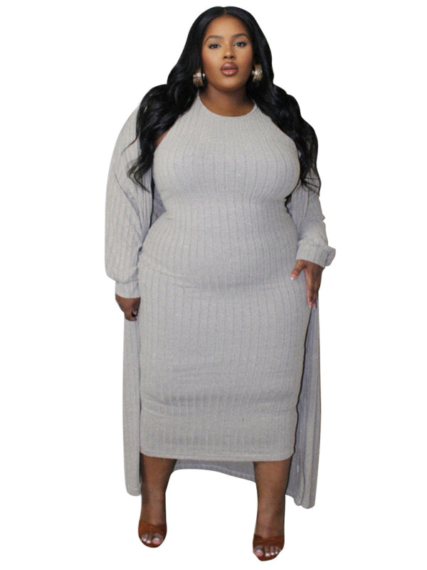 Outfit Set- Ribbed Plus Size Dress & Cardigan Set for Office to Evening- - IndioGear Women Clothing