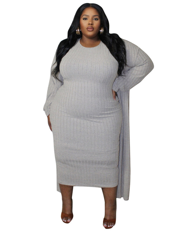 Outfit Set- Ribbed Plus Size Dress & Cardigan Set for Office to Evening- - IndioGear Women Clothing